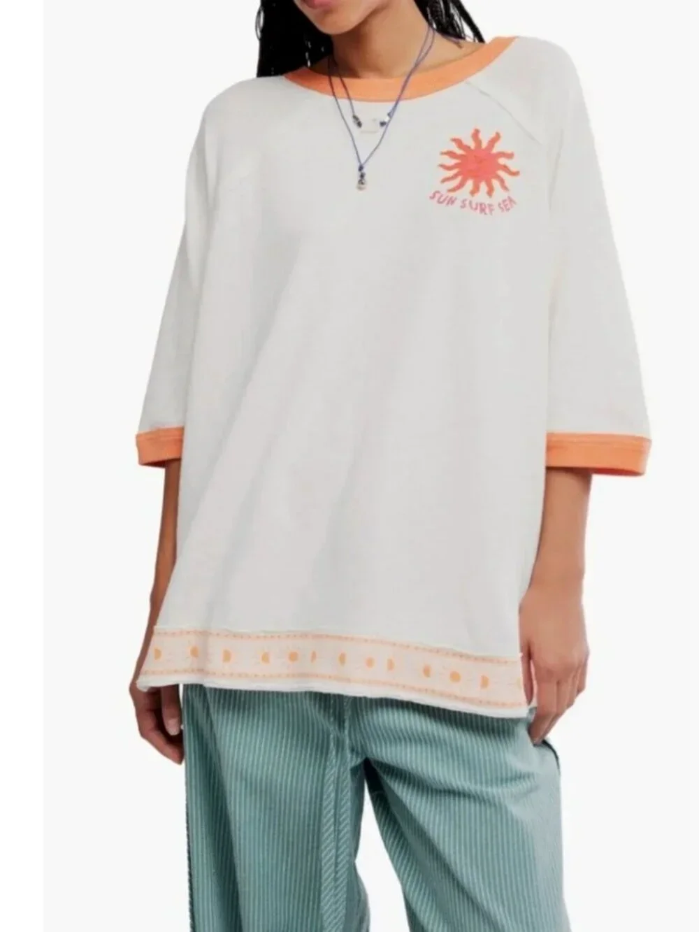 Free People Embroidered Sun-and-Wave Patch Graphic Cotton Tshirt size M